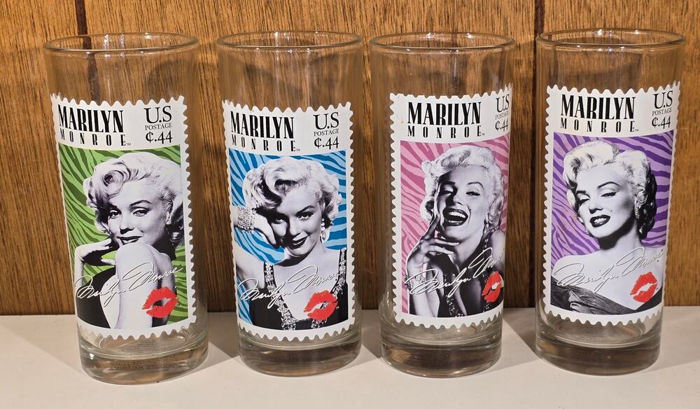 Marilyn Monroe Drinking Glasses Set 4 Stamp Portrait VANDOR 2012 6" Tumblers